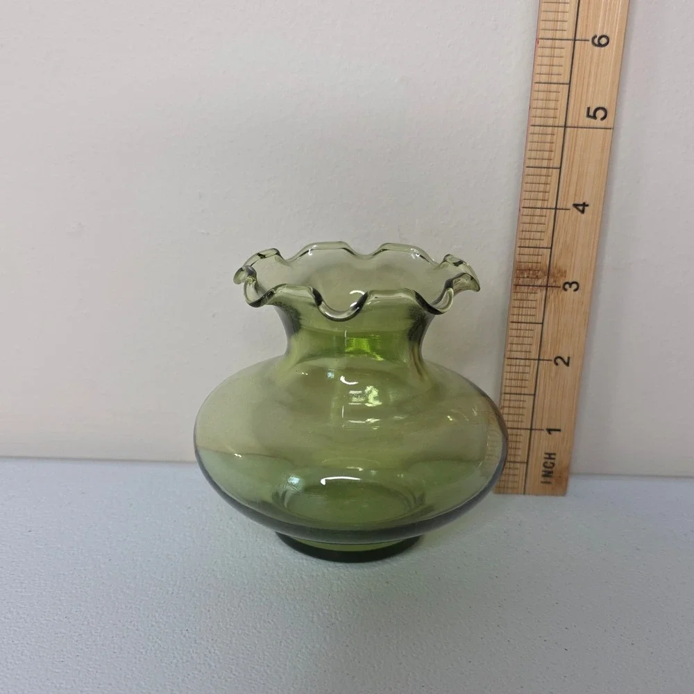 Vintage MCM Glass Bud Vase Small Green Ruffled Rim Hand Blown Home Decor